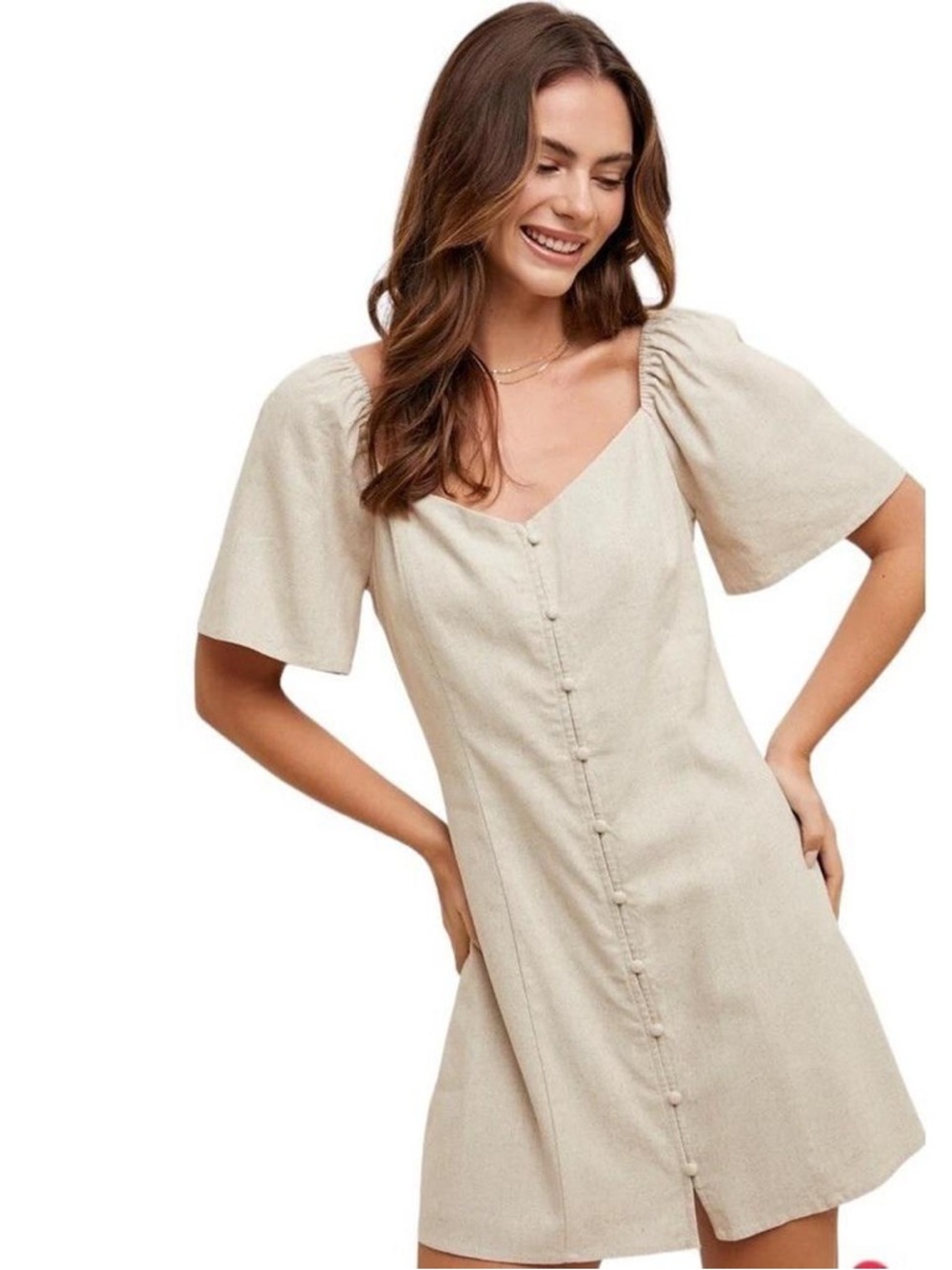 Abercrombie & Fitch Linen Blend Button Front Puff Sleeve Mini Dress - Picture 3 of 10